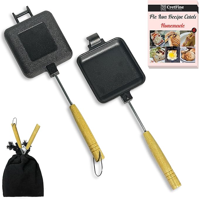 MiniSnack Cast Iron Pie Maker Sandwich Press for Camping and Stovetop, Double Mini Pan for Steak and More with Storage Bag and Recipies, Perfect for Home, Openfire Camp Cooking, Small Cooker