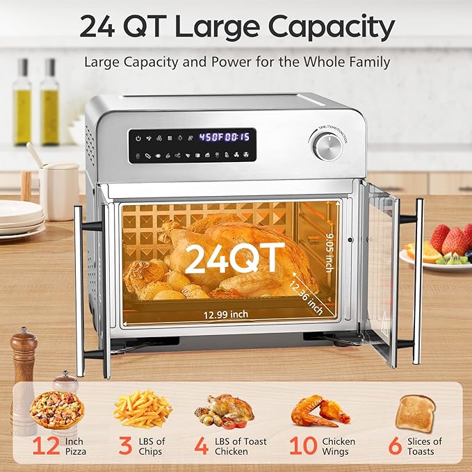 OSTBA French Door Air Fryer Toaster Oven Combo, 24 QT Extra Large Capacity 10-in-1 Airfryer Oven, 30% Faster 90% Less Oil, 102 Recipes & 7 Accessories, Stainless Steel