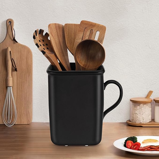 2026 Upgraded Vintage Kitchen Utensil Holder - Ceramic Utensil Crock Large Capacity Anti-tip, Modern Countertop Organizer for Farmhouse/Rustic/Contemporary Kitchen Decor(Matte Black)