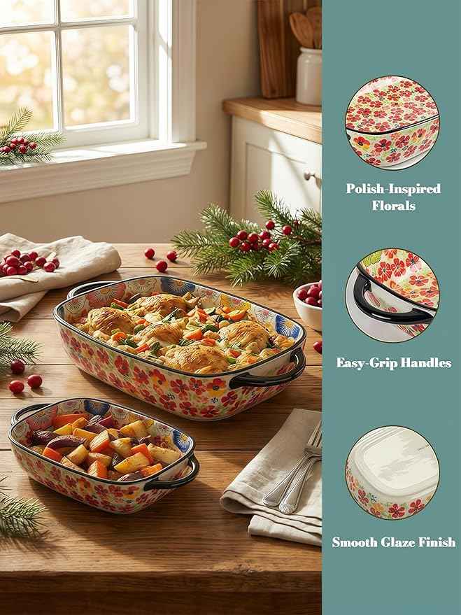 Polish Pottery Style Ceramic Baking Dish Set, 2-Piece Casserole Bakers for 2–3 People, Floral Decorative Bakeware, Oven Safe Lasagna Pan, Microwave Dishwasher Safe, Gift-Ready, Protective Packaging