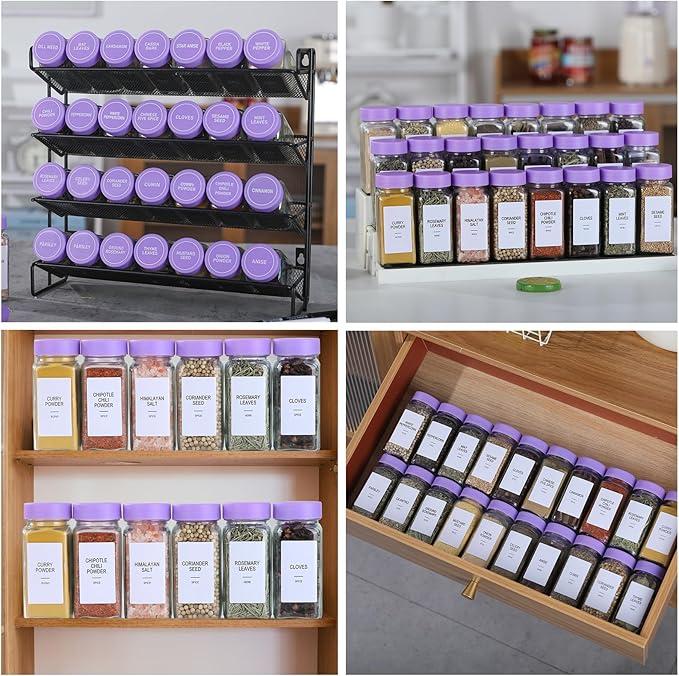 36 Glass Spice Jars with Labels, Spice Jar Set, 4oz Spice Containers, Seasoning Containers with Purple Airtight Lids and Shaker Lids, Square Empty Spice Bottles, 492 Labels, 1 Funnel