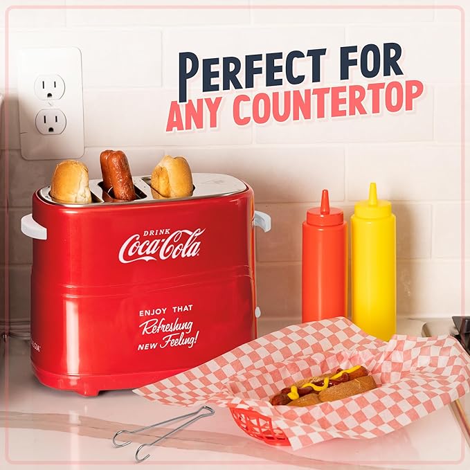 Nostalgia Coca-Cola Hot Dog Toaster - 2 Slot Bun Mini Tongs - Works with Chicken, Turkey, Veggie Links, Sausages and Brats - Coke Red