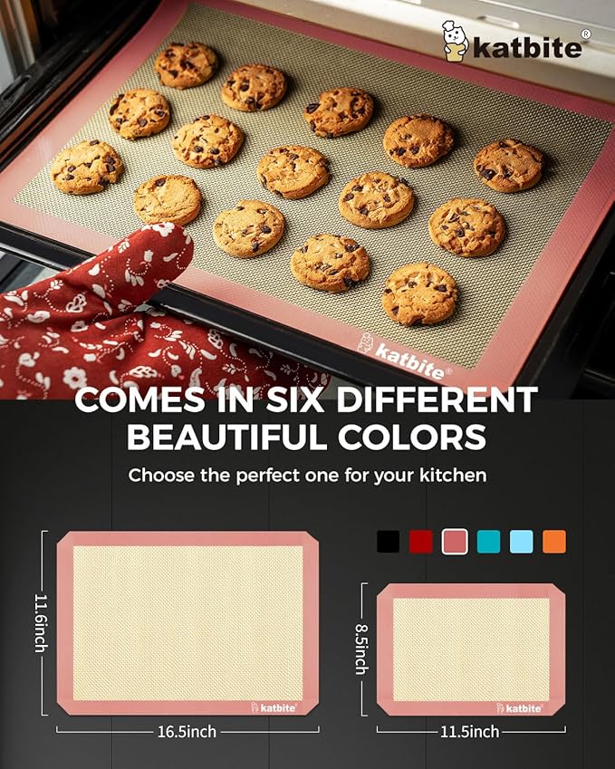 Katbite Silicone Baking Mat Colorful Collection - Set of 3: 2 Half Sheets Mats (11 5/8" x 16 1/2") + 1 Quarter Baking Sheet, Reusable & Nonstick Bakeware Mats for Cookies, Macarons, Bread (Pink)