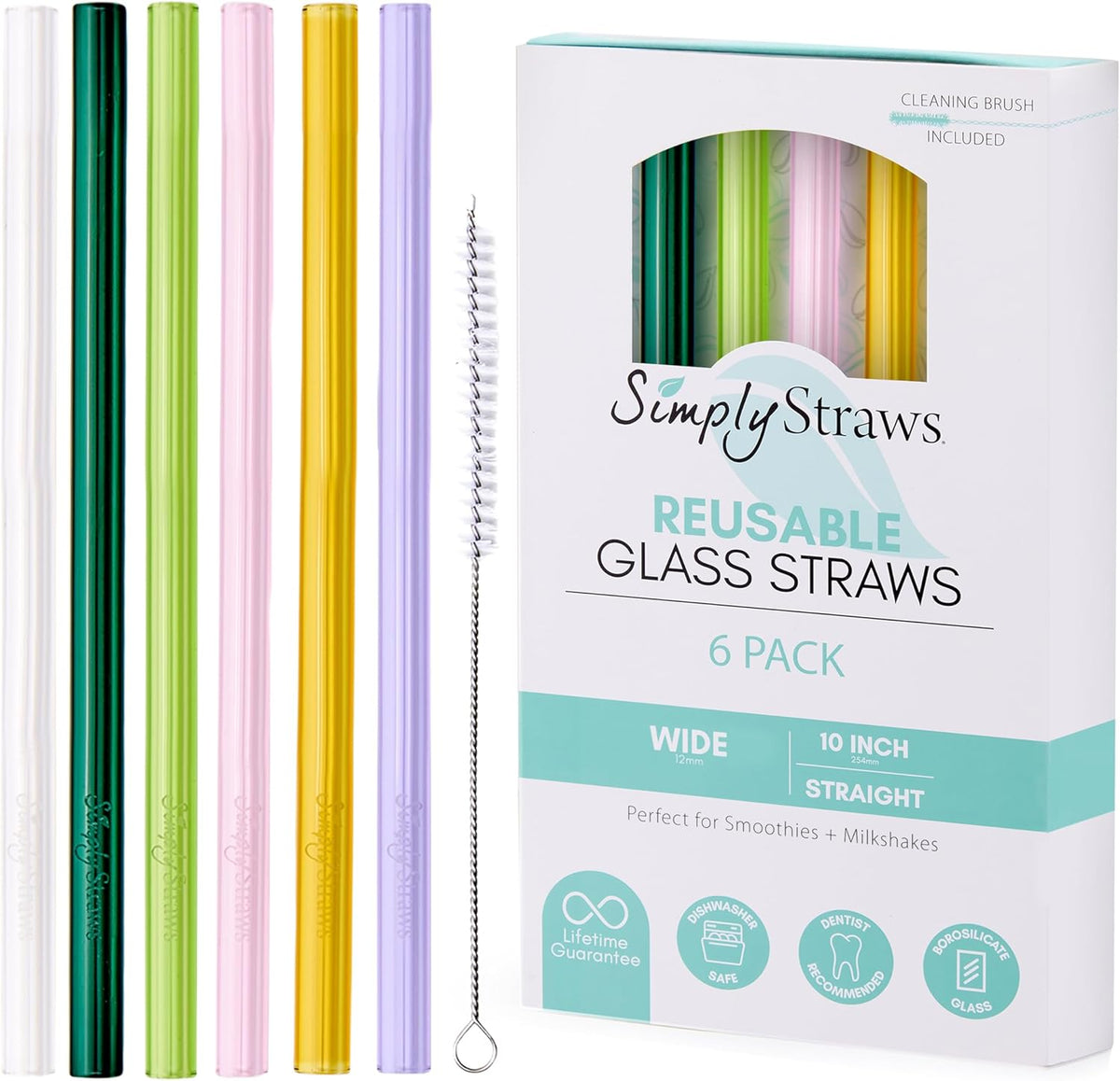 Simply Straws Wide Glass Straws (6-Pack) - 10in x 12mm Reusable Glass Smoothie Straws for Milkshakes, Juices & Slushies, with Cleaning Brush - Dishwasher Safe, Hot & Cold Use, BPA-Free (Meadow)