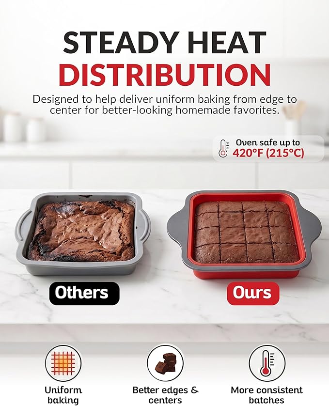 Boxiki Kitchen Non-Stick Silicone 8x8 Square Cake and Brownie Pan with Easy Grip Steel Frame Handles - Easy to Release, Oven & Dishwasher Safe
