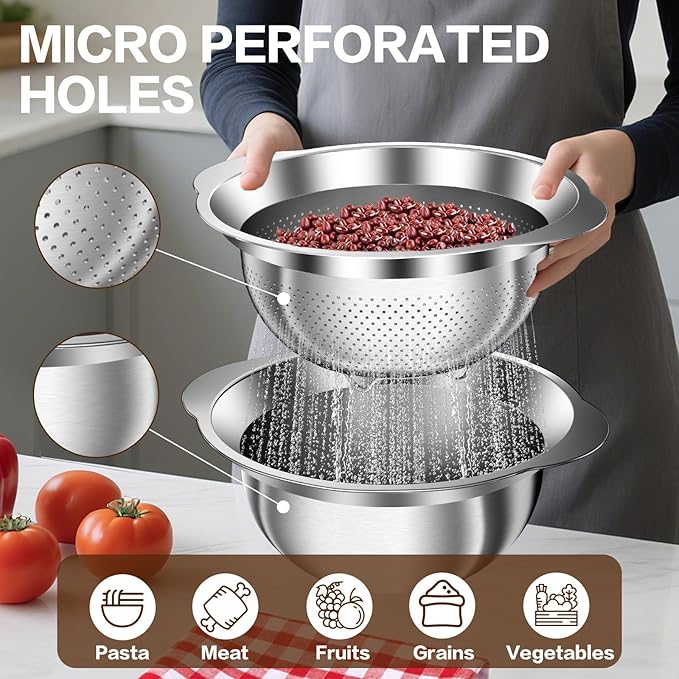 Stainless Steel Strainer with Mixing Bowl, Rice Washer, Colander for Kitchen, Rice Strainer, Fruit and Vegetable Wash, Microporous Colander, Fruit Cleaner Bowl, Dishwasher Safe, 2 Quart