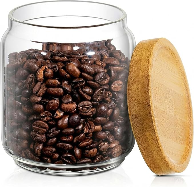 Irenare 1 Pack Glass Containers Canister Set, 17 oz Food Storage Spice Jars with Airtight Lids, Clear Kitchen Containers for Coffee Sugar Tea Beans Nuts Candy Pantry Organization (Bamboo)