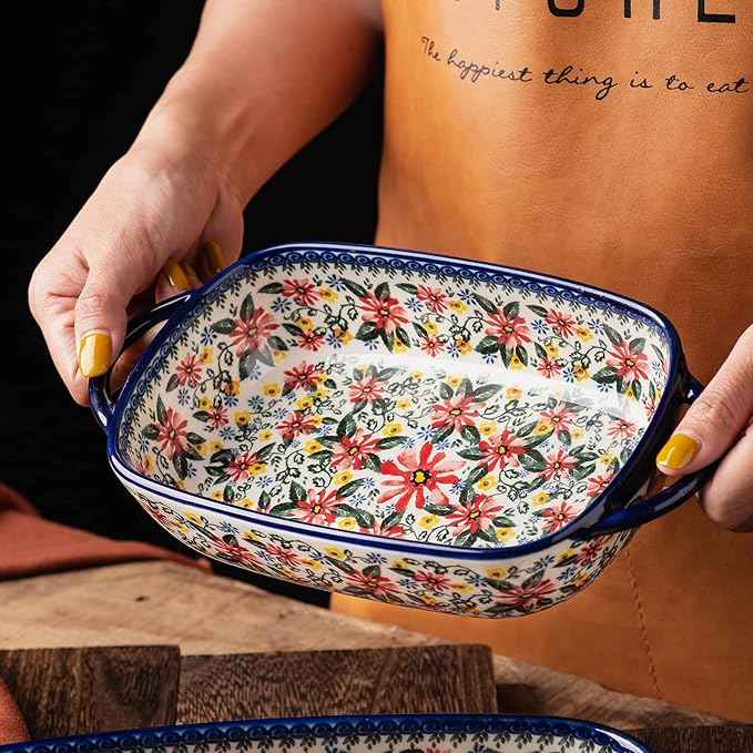 Baking Dish Ceramic Baking Pan Blue Casserole Dish Rectangular Baking Set 2pcs Bakeware Sets Single Serving Size Lasagna Pan Baking Dishes for oven (Exotic Daisy)