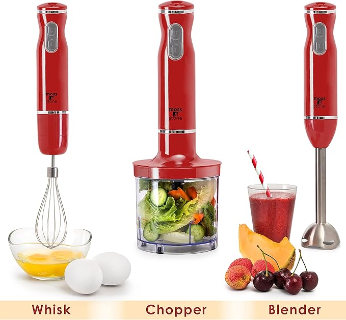 Moss & Stone Electric Hand Blender Set, 300W Immersion Hand Blender with Whisk and Chopper, Stainless Steel Shaft and Blades, 2-Speed Handheld Mixer with Ergonomic Grip, Red