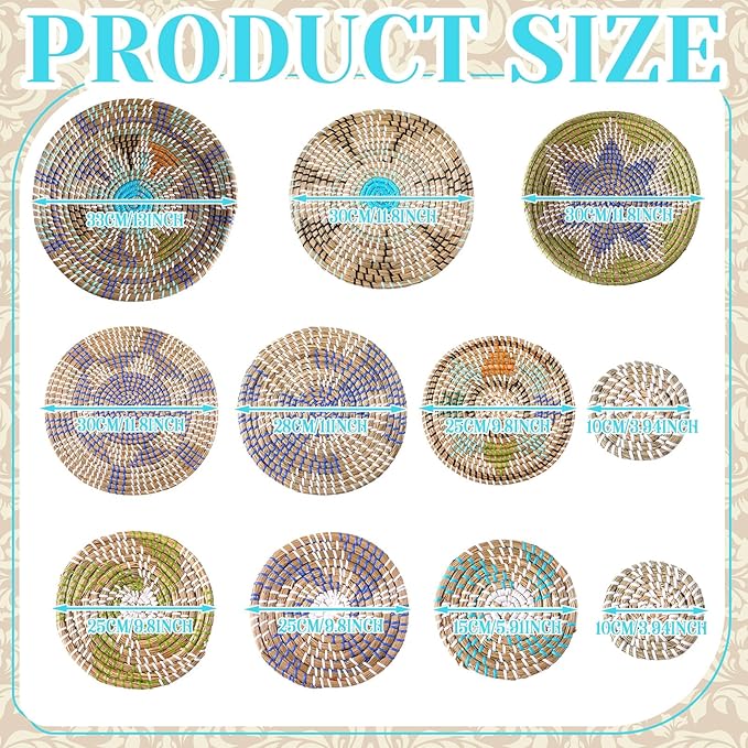 Tatuo 11 Pcs Boho Wall Basket Decor Bulrush Woven Wall Hanging Art Round Farmhouse Rustic Handmade Wicker for Summer Home, Bedroom, Living Room, Kitchen Decorations, Multi Sizes(Multicolour)