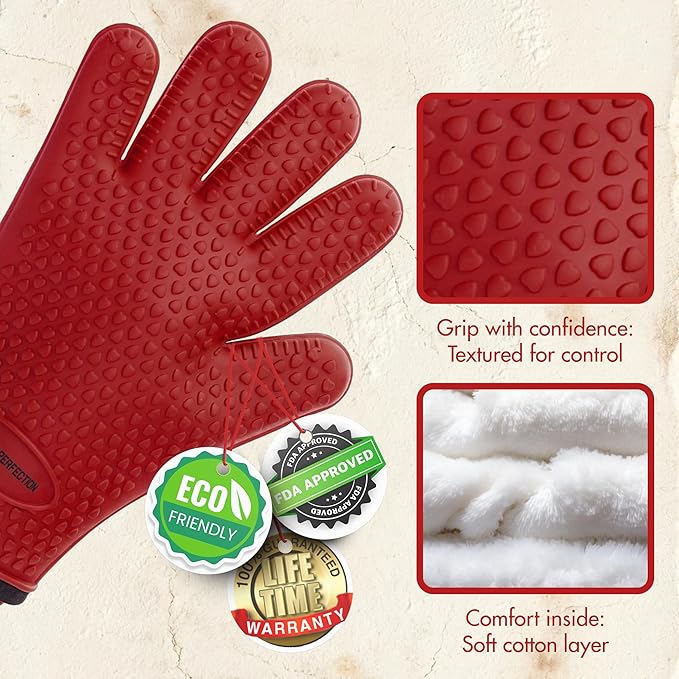 KITCHEN PERFECTION XL Silicone Oven & Griddle Gloves -Extreme Heat Resistant BBQ & Grilling Gloves -Handle Hot Food Right on Your Griddle |Waterproof Oven Mitts Grill Gloves |Superior Set+3 Bonuses