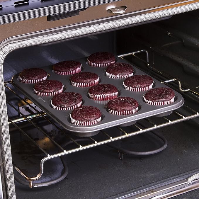 Ecolution Bakeins 12 Cup Muffin and Cupcake Pan – PFOA, BPA, and PTFE Free Non-Stick Coating – Heavy Duty Carbon Steel – Dishwasher Safe – Gray – 13.75” x 8.25” x 1.125”