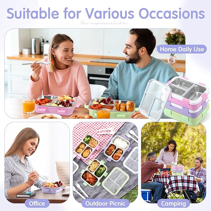 LemonRoad 3 Pcs 304 Stainless Steel Bento Box 24 oz Metal Lunch Box with Spoon Fork 3 Compartment Transparent Lid Dishwasher Safe Leakproof Food Fruit Snack Container for Office Travel (Pastel)