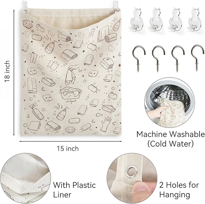 Reusable Dirty Rag Storage Bag, Linen Dish Towel Bag with Plastic Liner for Under Sink Cabinet Door Organizer