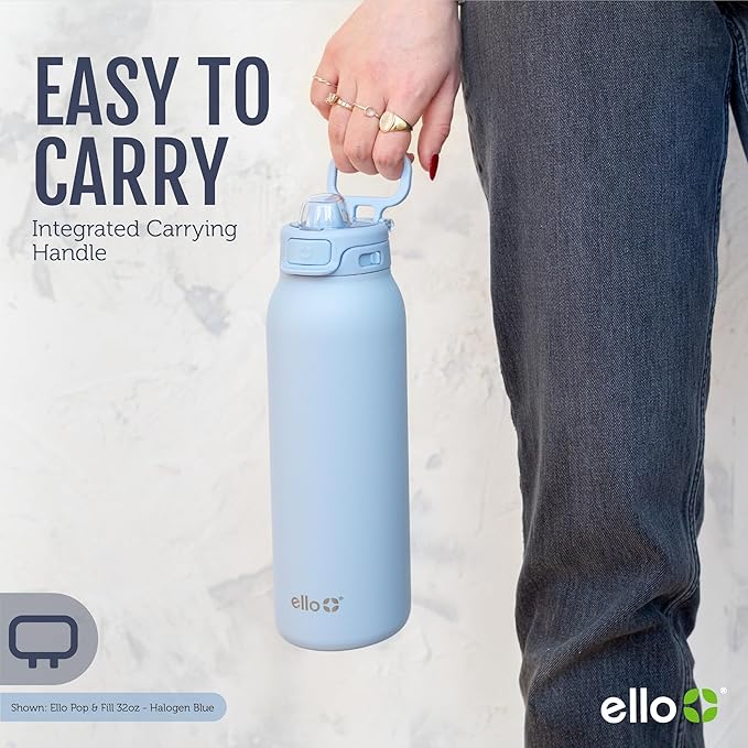 Ello Pop & Fill 32oz Stainless Steel Water Bottle with Quick Fill Technology, Double Walled and Vacuum Insulated Metal, Leak Proof Locking Lid, Sip and Chug, Reusable, BPA Free, Tonal Cream