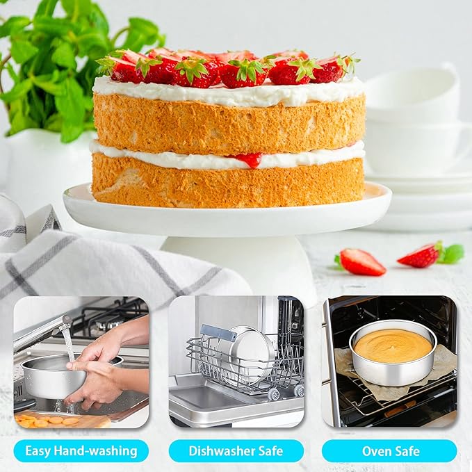 P&P CHEF 8 Inch Cake Pans Set, Round Baking Pan Stainless Steel Layer Birthday Wedding Cake Oven Pans, Non Toxic & Heavy Duty, Deep Side & Mirror Finish, Dishwasher Safe, (1Pc)