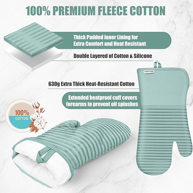 Oven Mitts and Pot Holder Sets with Silicone Grip, 500°F Heat Resistant-6 Pack Dishcloth/Dish Towels for Kitchen 100% Cotton-Value Kitchen Essentials for Cooking, Baking, Grilling-Mint Green