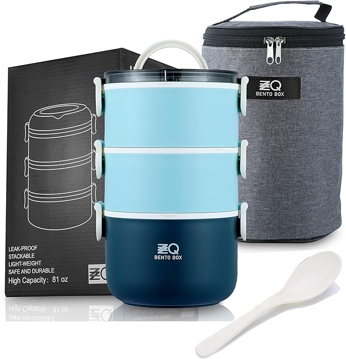 Bento Box Adult with Insulated Lunch Bag & Utensils, 81oz Large Capacity Leakproof 3 Stackable Lunch Box Containers for Adults Men Women Dining Out, BPA-Free & Microwave Safe Bento Lunch Box, Blue