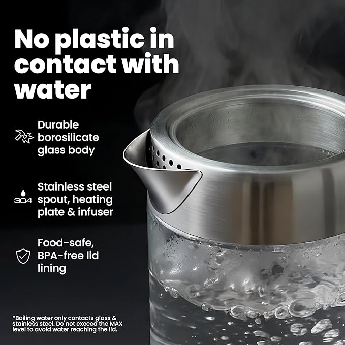 Vianté Electric Tea Kettle With Infuser for Loose Leaf, No Plastic In Contact With Water, Hot Tea Maker with Temperature Control, Automatic Shut Off, 1.5L Borosilicate Glass