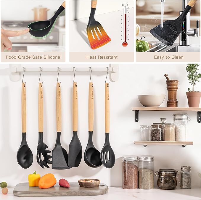 Astercook 39 PCS Kitchen Utensils Set, Silicone Cooking Utensils Set with Wooden Handle, 446°F Heat Resistant Food Grade Utensil Sets, BPA Free Kitchen Gadgets Tools Set for Nonstick Cookware (Black)