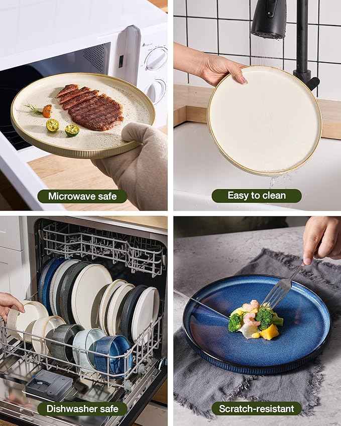 Famiware Star Dinnerware Set with Pasta Bowls, Service for 4 (16pcs), Ribbed Stoneware Plates and Bowls Dishes Sets with Trim - Chip & Scratch Resistant, Microwave & Dishwasher Safe, White