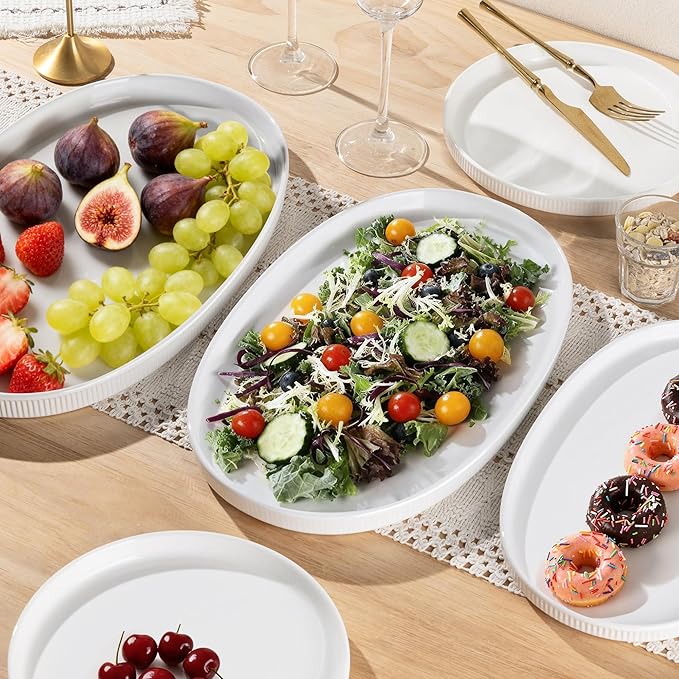 theterra Ceramic Serving Platter, 15.6"/14.4"/12.2" Oval Serving Dishes for Entertaining, Oven Safe, Microwave Safe, Serving Plates Set of 3 for Wedding, Party, Turkey, Bright White
