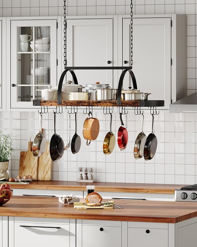 CHOEZON Hanging Pot Rack, Pot Hanger for Kitchen, Ceiling Mounted Pot Holder, Cookware Organizer with 24 S-Shaped Hooks, for Pot, Pan Storage, Space-Saving, Rustic Brown and Black TPR28BF