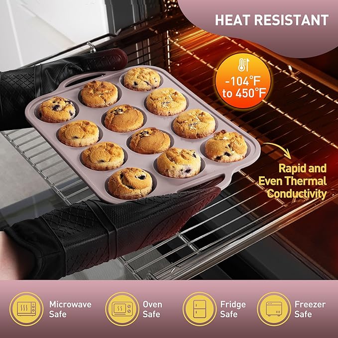 Socisen 12 Cups Silicone Muffin Pan with Metal Reinforced Frame Regular Size Cupcake Pan Tray Egg Bites Silicone Cookie Molds Muffin Tin Best Baking Pans Tart Pan Sheet Set Reusable Cupcake Liners