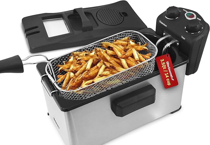 Elite Gourmet EDF-3500# Electric Immersion Deep Fryer. Removable Basket, Timer Control Adjustable Temperature, Lid with Viewing Window and Odor Free Filter