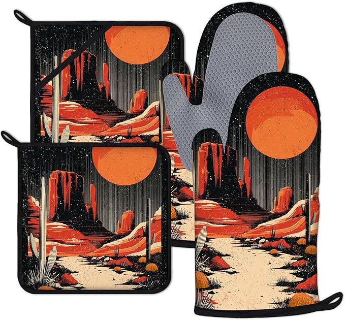 Sunset Western Oven Mitts and Pot Holders Sets 4Pcs Silicone Non-Slip Mitts Heat Resistant Gloves Hot Pads for Kitchen Cooking Baking Grilling BBQ