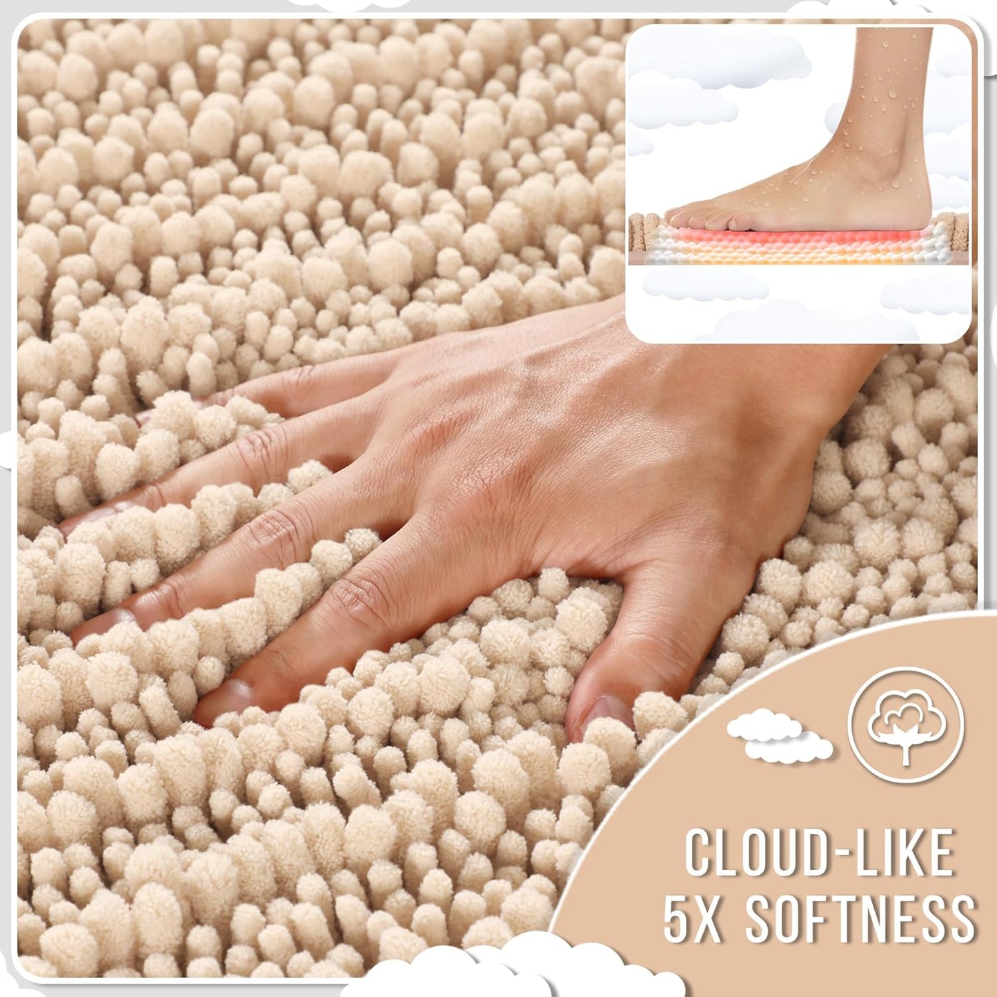 Yimobra Large Bathroom Rugs Non Slip Washable 36x24 Inch - Ultra Soft Absorbent Chenille Bath Mat, Quick Dry Shaggy Floor Carpet for Tub Shower, Light Brown Home Decor Accessories