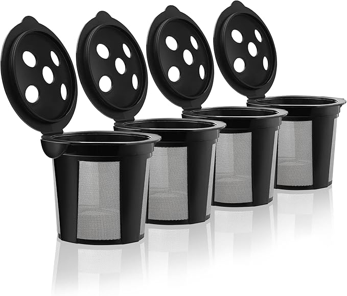 4 Reusable K Cups for Keurig K Supreme, K Supreme Plus, K Slim with Multistream Technology, K-Duo Hot & Iced Single Serve (Gen 2) - 4 Black Refillable Kcups Coffee Filters for Keurig Coffee Makers