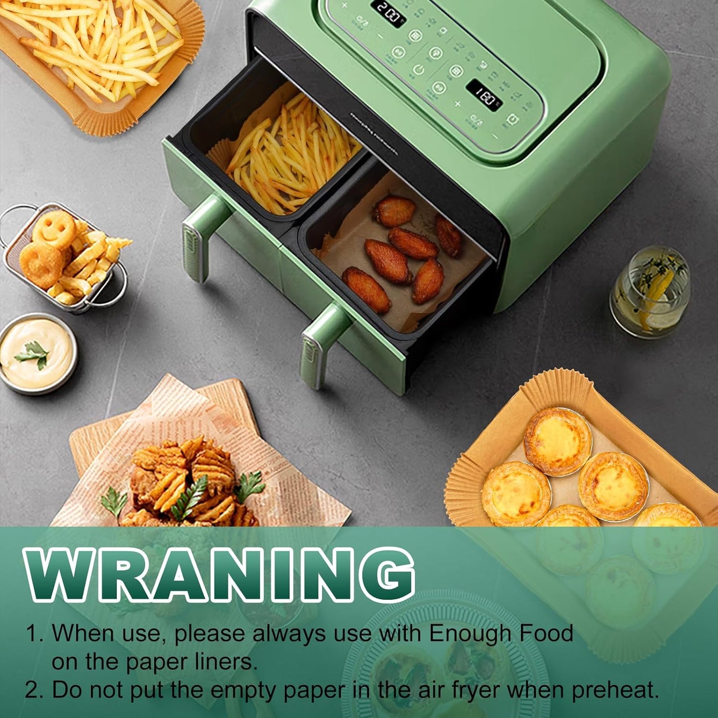 Air Fryer Liners Disposable for Dual Basket, 250Pcs 8x5.5 Inch Rectangular Parchment Paper for Ninja DZ201 DZ401, Chefman/COSORI 2-Basket Air Fryer, Oil Proof Baking Paper Sheets by Vailnd