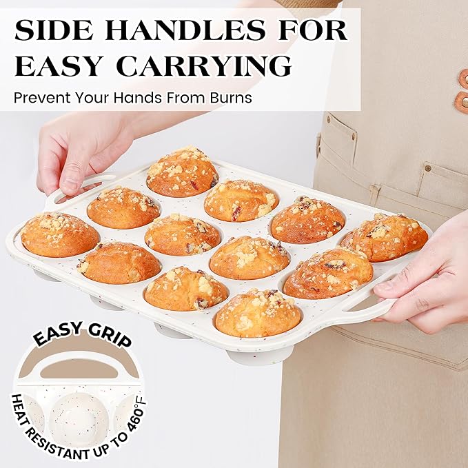 silicone muffin pan for baking with metal frame (Cream, Regular：12-Cup x 2 Pcs)