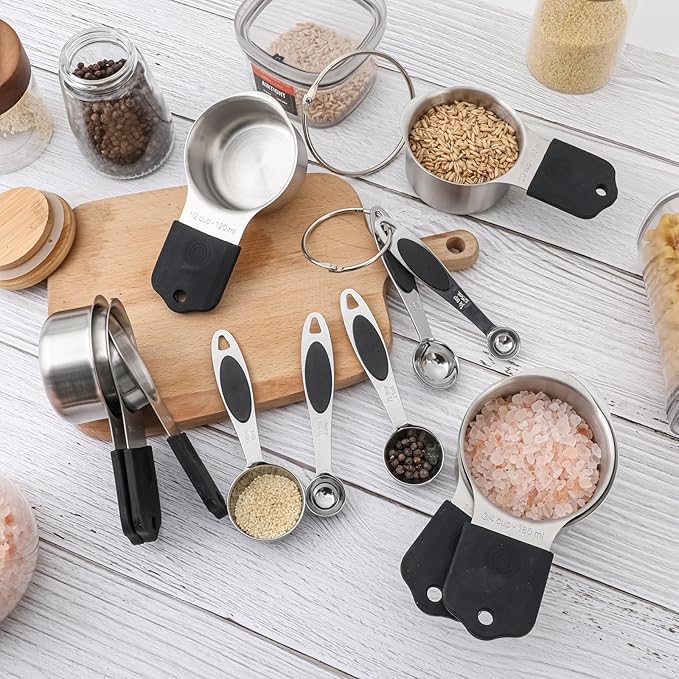 Magnetic Measuring Cups and Spoons Set, Including 7 Stainless Steel Nesting Measuring Cups and 5 Magnetic Measuring Spoons for Cooking & Baking (Black)