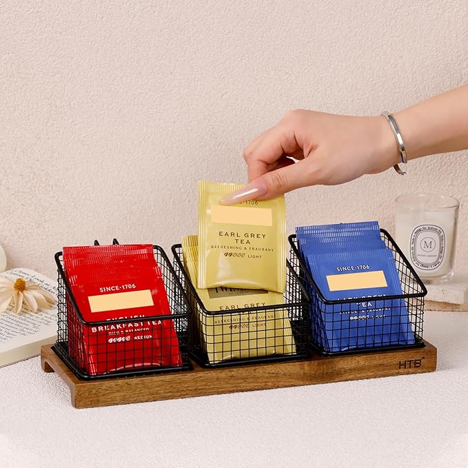 HTB Tea Organizer for Tea Bags, Tea Bag Holder with Acacia Wood Stand and 3 Removable Metal Basket for Sugar Packets, Sweeteners, Creamers for Cabinet, Countertop