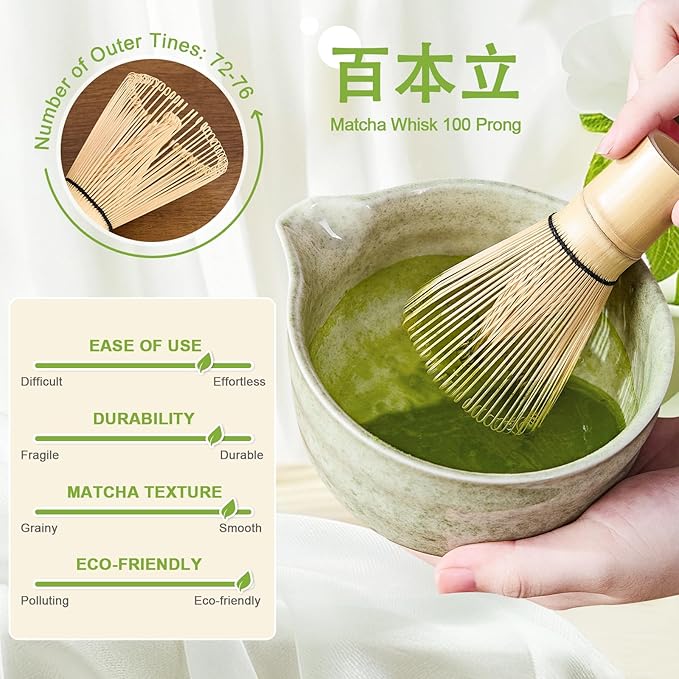 5Pcs Matcha Whisk Set - Matcha Bowl with Spout, 100% Bamboo Whisk (Chasen), Holder, Stainless Sifter, Tea Scoop. Japanese Ceremony Matcha Kit for Beginners, Ideal Gift for Tea Lovers (Green)