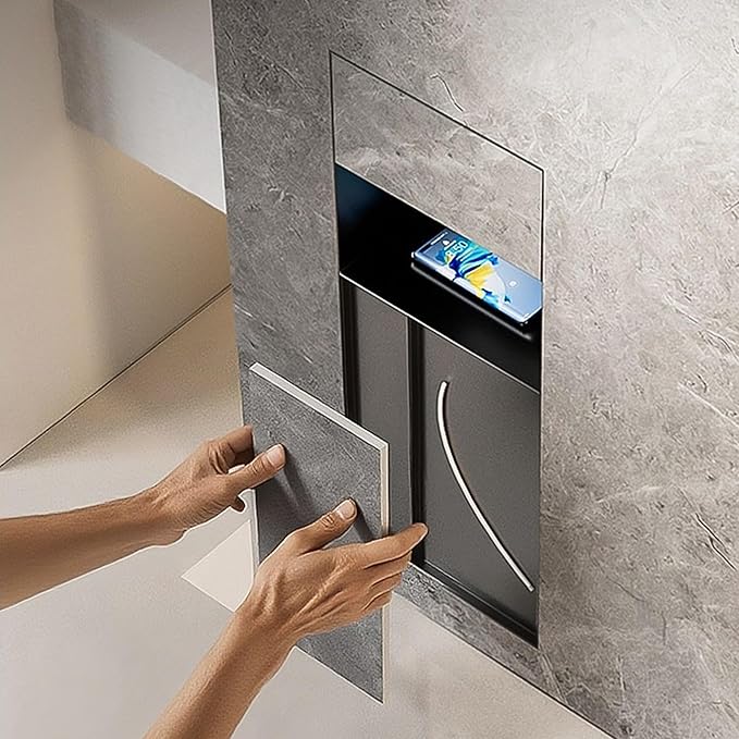 Recessed Bathroom Trash Can & Toilet Paper Holder Tile-Friendly Built-in Hidden Garbage Bin Stainless Steel Recessed Storage Cabinet Shower Nich for Toilet Bathroom Hotel,E