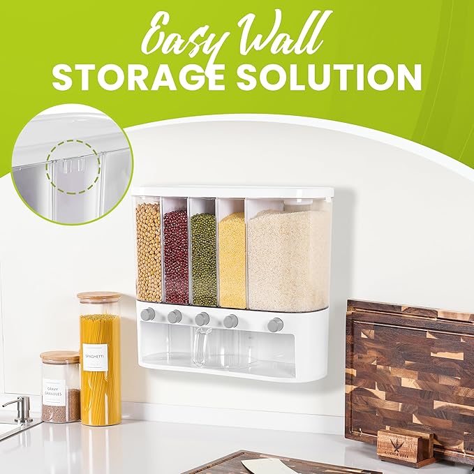 Wall Mounted Dry Food Dispenser with Individual Containers and Removable Walls for Rice, Beans, small grains, Lentils for Pantry and Kitchen Storage with Measuring Cup – 5 Grids