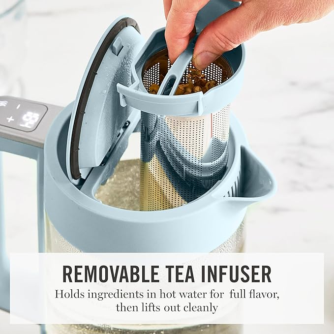 Martha Stewart Electric Kettle with Removable Stainless Steel Tea Infuser, Glass Carafe 1.7L (7 Cups), Hot Water Boiler, 4 Presets, Keep Warm & Auto Shut-Off, Cordless 360° Swivel Base, Sky Blue
