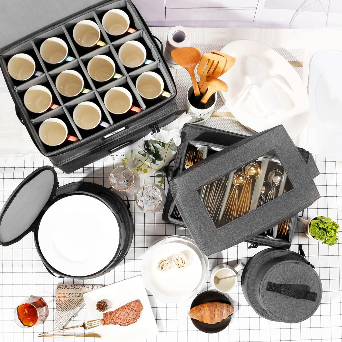 HOMELUX THEORY Wine Glass Storage Box with Dividers, Hard Shell China Storage Containers, Heavy Duty Glassware Storage Box & Stemware Storage Container with Lid, Thick Surface, and Sturdy Handle