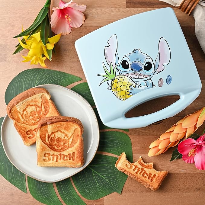 Select Brands Disney Lilo & Stitch Grilled Cheese Sandwich Maker - Kitchen Appliances - Ceramic Nonstick Cooking Plates - Panini Press - Imprints Stitch Image - Dual Sandwich Machine