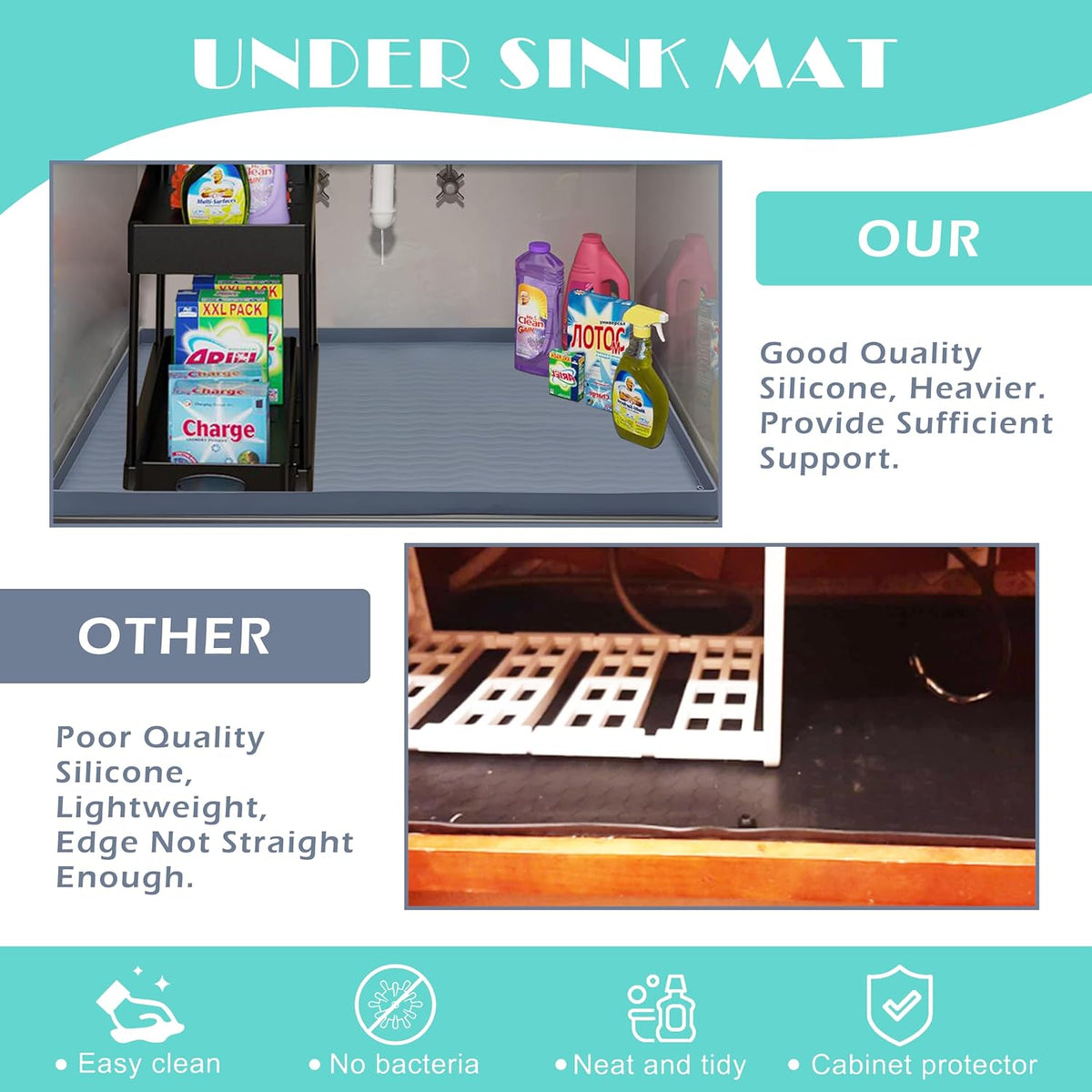 URMONA Waterproof Silicone Under Sink Mat 28'' x 22'' Shelf Liner for Kitchen and Bathroom, Cabinet and Counter Protector, Storage and Organizers, Litter Mat, Pet Cat Puppy Essentials(Black)