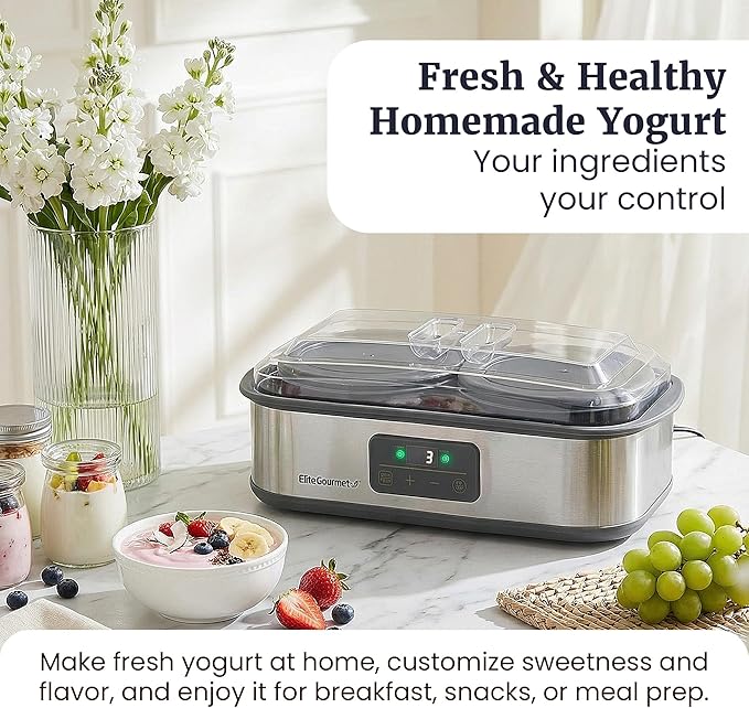 Elite Gourmet ProBioticPRO™ Digital Yogurt Maker, Programmable Temp & Time Control (68–127°F), Includes 8 Glass Jars (6 oz) + 2 Large 1-Qt Bowls, Stainless Steel, Auto Shut-Off