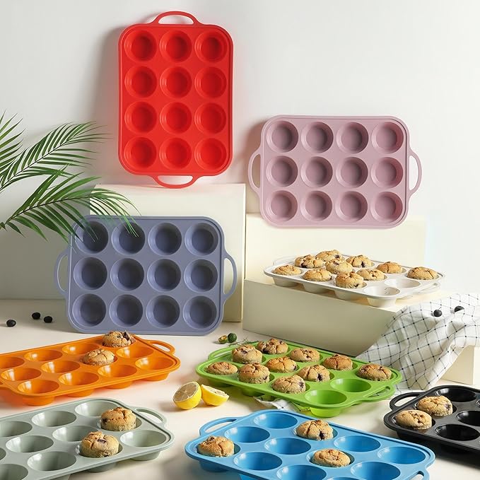 Socisen 12 Cups Silicone Muffin Pan with Metal Reinforced Frame Regular Size Cupcake Pan Tray Egg Bites Silicone Cookie Molds Muffin Tin Best Baking Pans Tart Pan Sheet Set Reusable Cupcake Liners