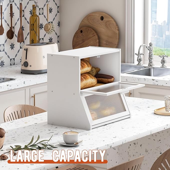 GHWIE Double Layer Bamboo Bread Box for Kitchen Counter,Large Capacity Bread Storage Bin,Bread Container with Acrylic Wavy Door Panel (White, Extra Large)