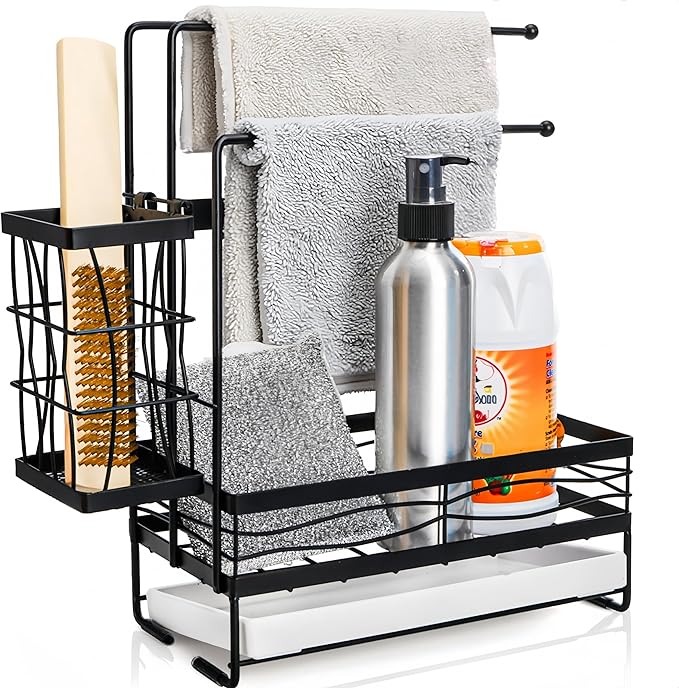 Tlence Kitchen Sink Caddy with 3 Dishcloth Drying Racks, Sponge Holder Rag Stand with Drain Pan, Metal Sink Storage Organizer with Removal Basket for Brush, Towel, Scrubber, Dish Rag, Black