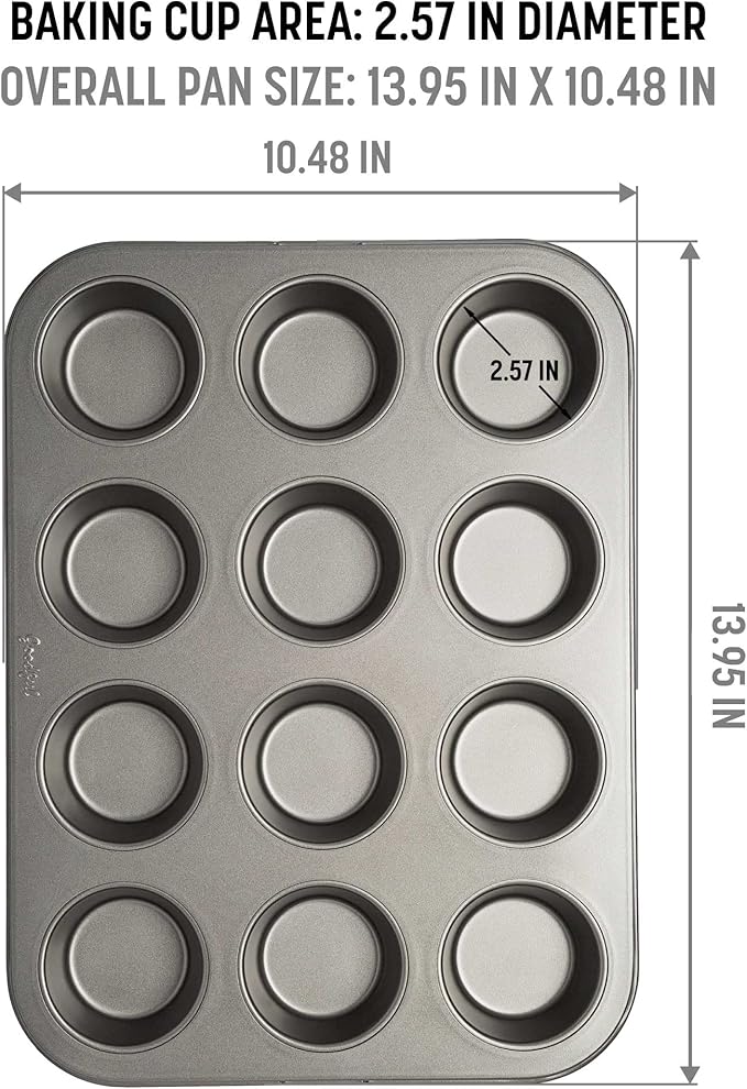 Goodful Nonstick Muffin Pan Set, Heavy Duty Carbon Steel with Quick Release Coating, Made without PFOA, Dishwasher Safe, 2-Pack Bakeware Set, 12-Cup, Gray