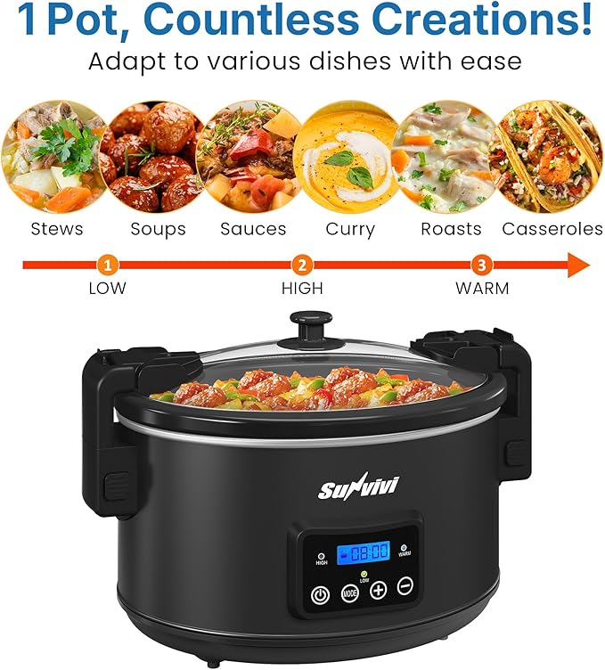 Programmable Slow Cooker with Locking Lid, Portable Multi-Cooker for Family and Gatherings, 8.5 QT Food Warmer with Adjustable Temp, Warmer with Digital Timer, Dishwasher-Safe, Black