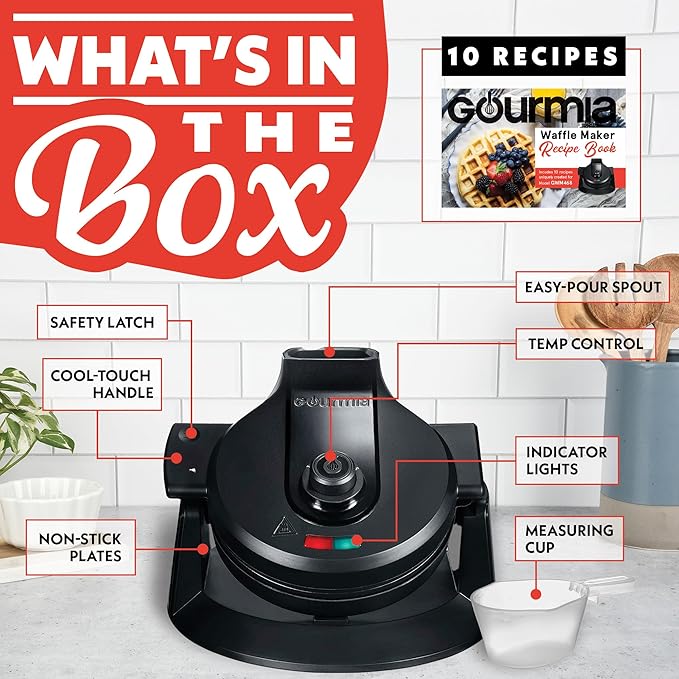 Gourmia Dual Pour Waffle Maker – Belgian Waffle Maker with Mess Free Spout, Nonstick Plates, Compact Upright Storage, 800W, Black